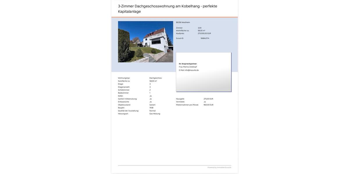 Dachgeschoßwohnung Neusäß - 3 Zimmer, 58 m&sup2;, 275.000&euro; | Angebot:27071206