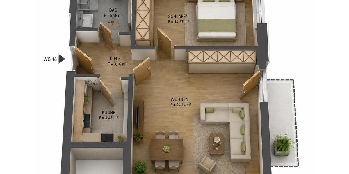 Etagenwohnung Augsburg Oberhausen - 2 Zimmer, 44 m&sup2;, 220.000&euro; | Angebot:26959093