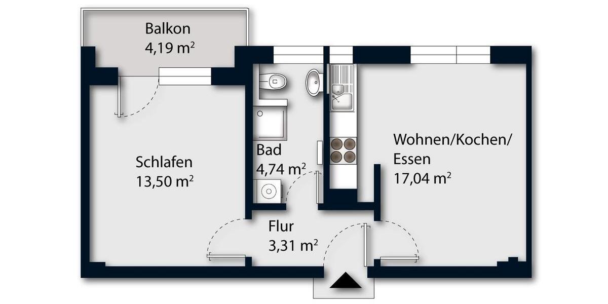 Erdgeschoßwohnung Stadtbergen - 1.5 Zimmer, 43 m&sup2;, 670&euro; | Angebot:26295471