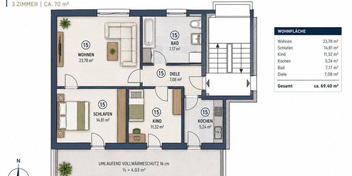 Etagenwohnung Bobingen - 3 Zimmer, 70 m&sup2;, 350.000&euro; | Angebot:26832010