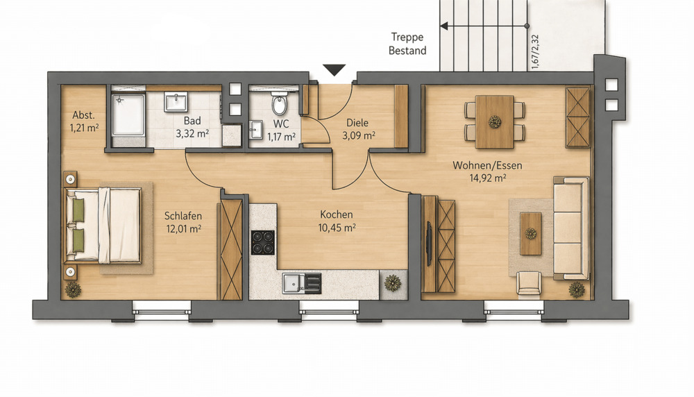 Etagenwohnung Augsburg Lechhausen - 1 Zimmer, 46 m&sup2;, 207.000&euro; | Angebot:26902779