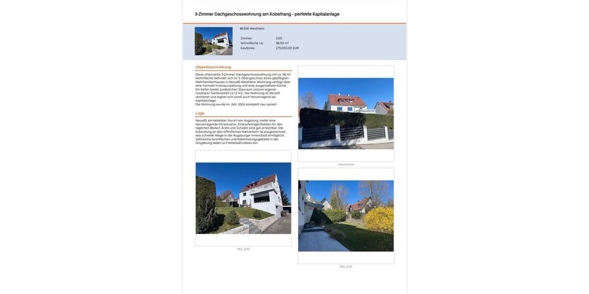 Dachgeschoßwohnung Neusäß - 3 Zimmer, 58 m&sup2;, 275.000&euro; | Angebot:27071206
