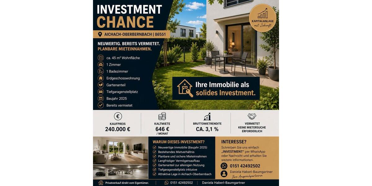Erdgeschoßwohnung Aichach - 1 Zimmer, 45 m&sup2;, 240.000&euro; | Angebot:27271534