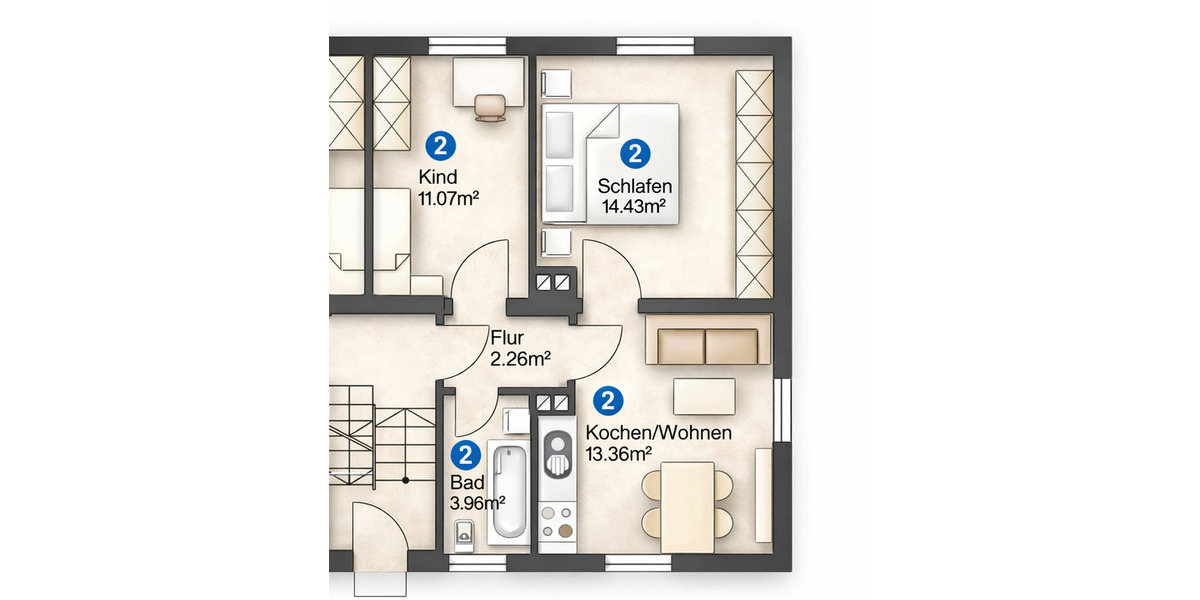 Etagenwohnung Neusäß Westheim b.Augsburg - 2 Zimmer, 45 m&sup2;, 149.000&euro; | Angebot:25669308