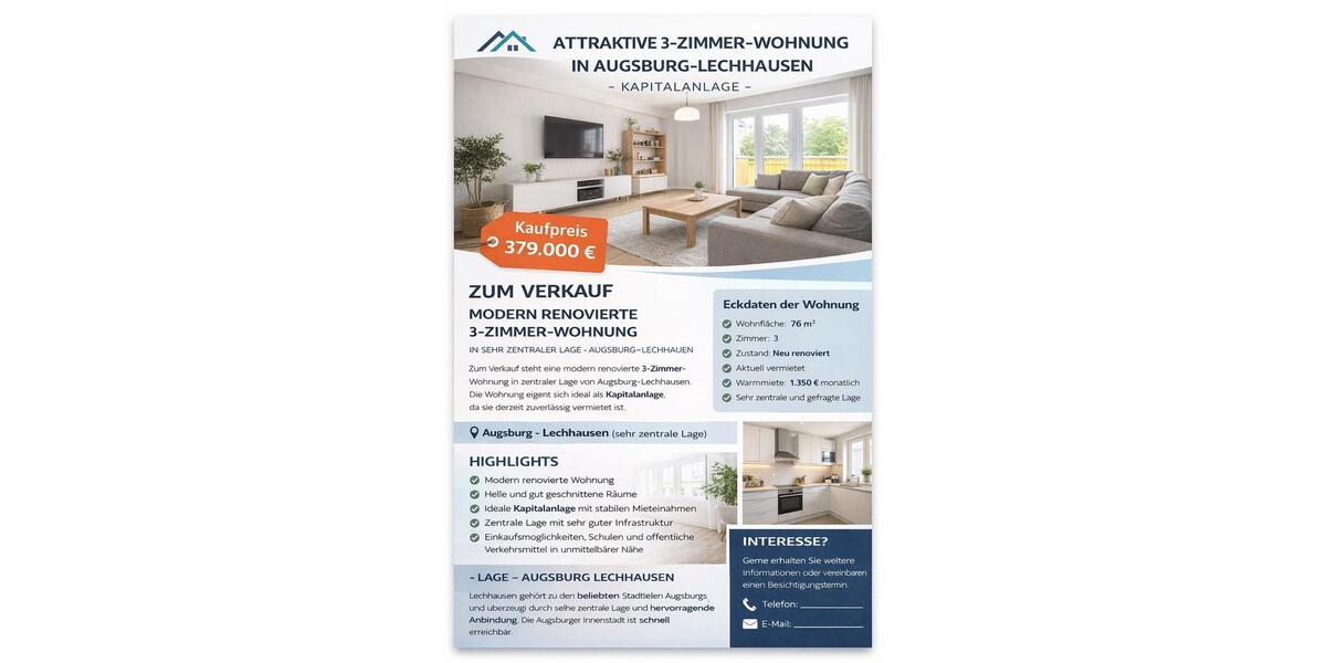 Erdgeschoßwohnung Augsburg Firnhaberau - 3 Zimmer, 76 m&sup2;, 379.000&euro; | Angebot:25517884