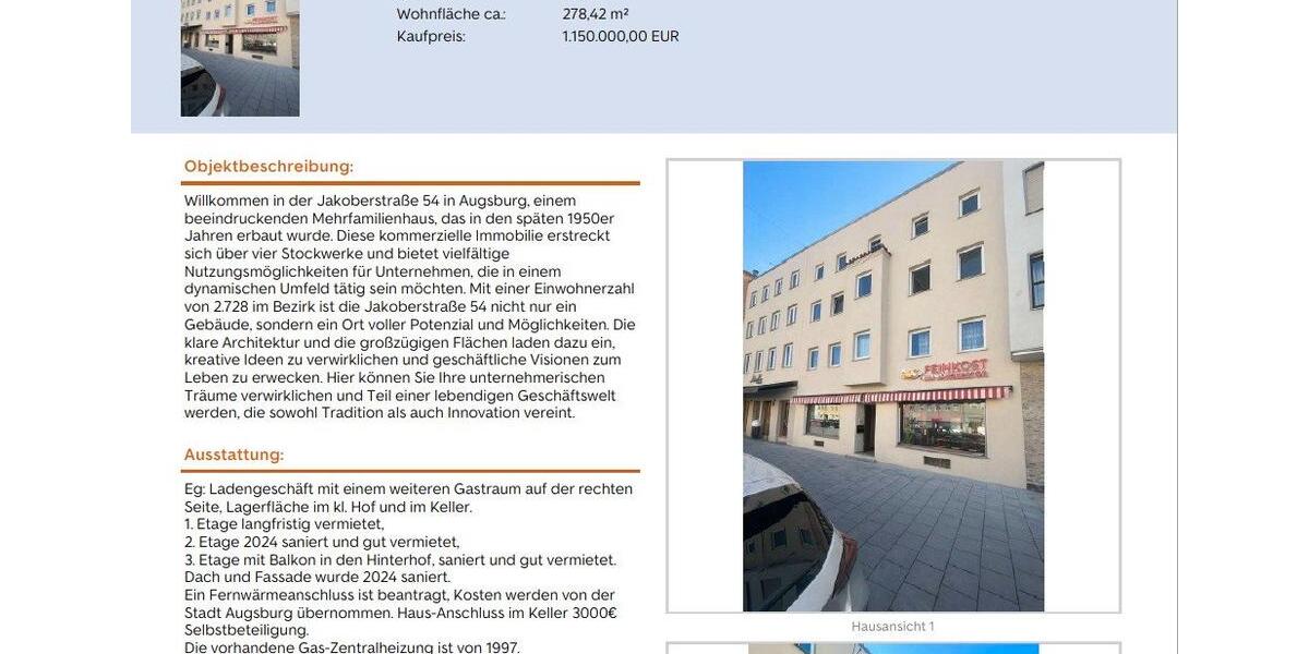 Mehrfamilienhaus, Wohnhaus Augsburg Innenstadt - 14 Zimmer, 278 m&sup2;, 1.150.000&euro; | Angebot:26897792