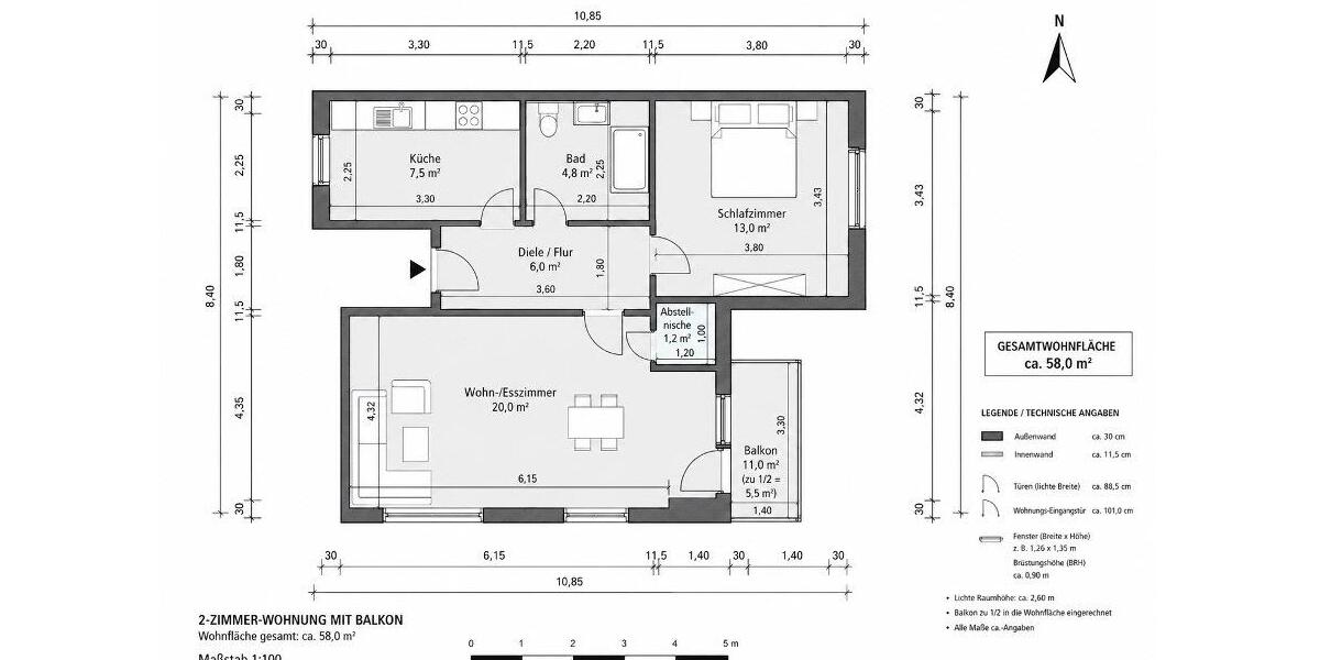 Etagenwohnung Augsburg Lechhausen - 2 Zimmer, 58 m&sup2;, 268.000&euro; | Angebot:26688740