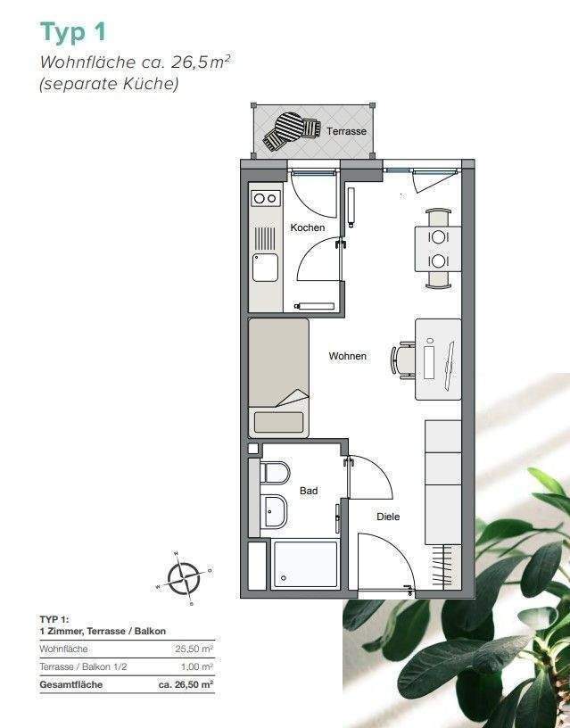 Modern möbliertes 1 Zimmer Apartment mit Balkon, W-Lan und TG-Stellplatz 1 zimmer